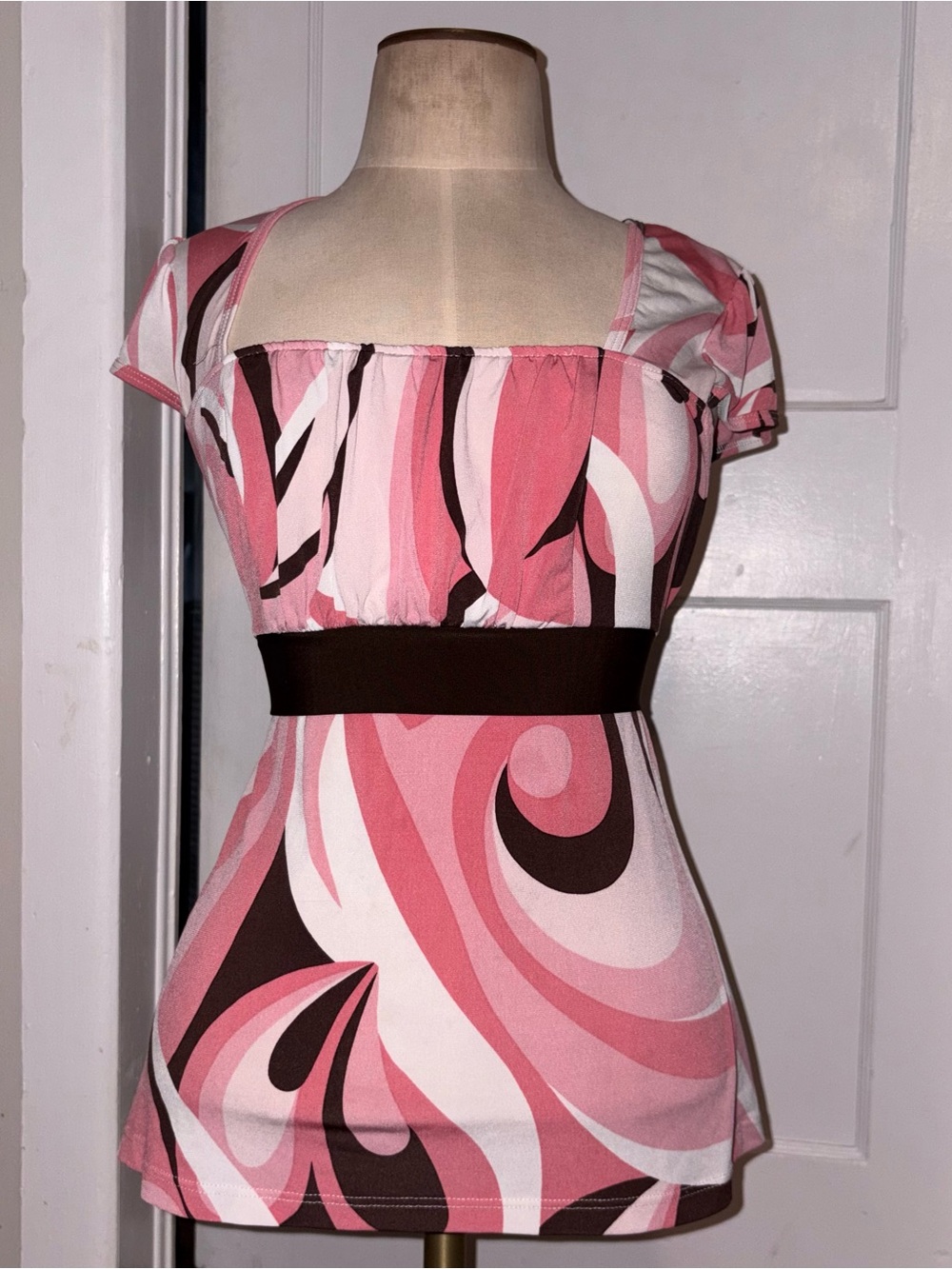 AB Studio Pink and Brown Swirl Empire-Waist Top
